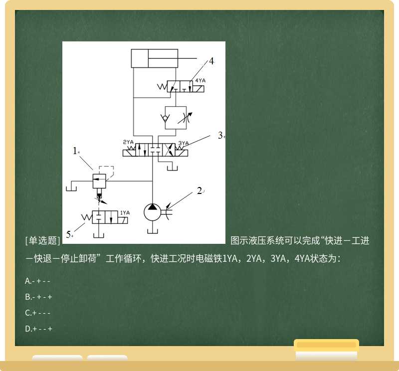  图示液压系统可以完成“快进－工进－快退－停止卸荷”工作循环，快进工况时电磁铁1YA，2YA，3YA，4YA状态为：