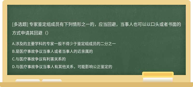 专家鉴定组成员有下列情形之一的，应当回避，当事人也可以以口头或者书面的方式申请其回避（）