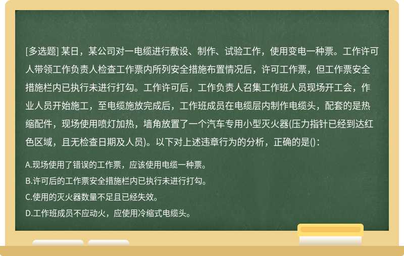 某日，某公司对一电缆进行敷设、制作、试验工作，使用变电一种票。工作许可人带领工作负责人检查工