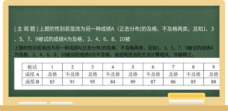 上题的性别若是改为另一种成绩A（正态分布)的及格、不及格两类，且知1、3、5、7、9被试的成绩A为及格，2、4、6、8、10被