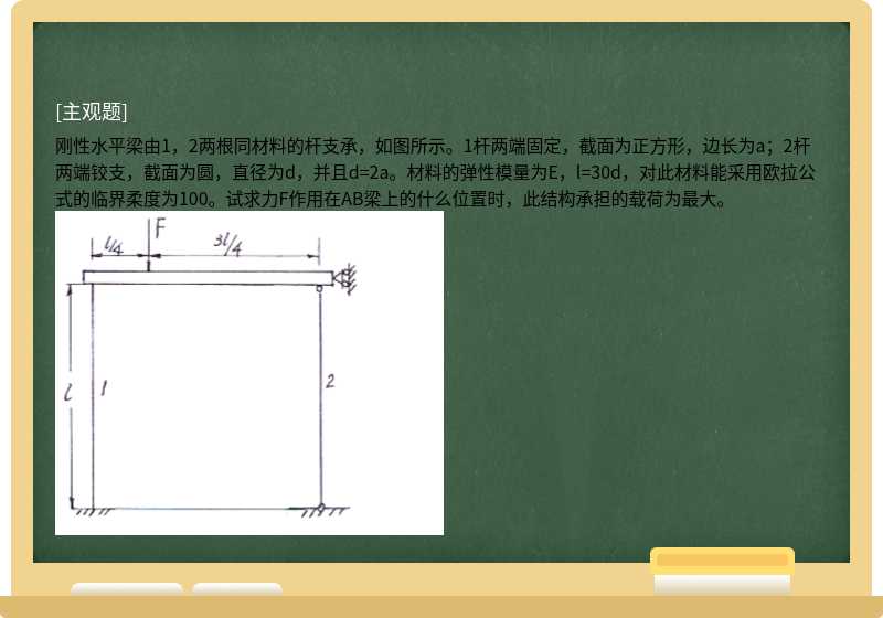 刚性水平梁由1，2两根同材料的杆支承，如图所示。1杆两端固定，截面为正方形，边长为a；2杆两端铰支，截面为圆，直