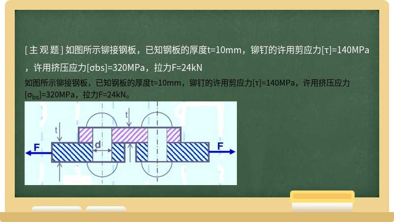 如图所示铆接钢板，已知钢板的厚度t=10mm，铆钉的许用剪应力[τ]=140MPa，许用挤压应力[σbs]=320MPa，拉力F=24kN