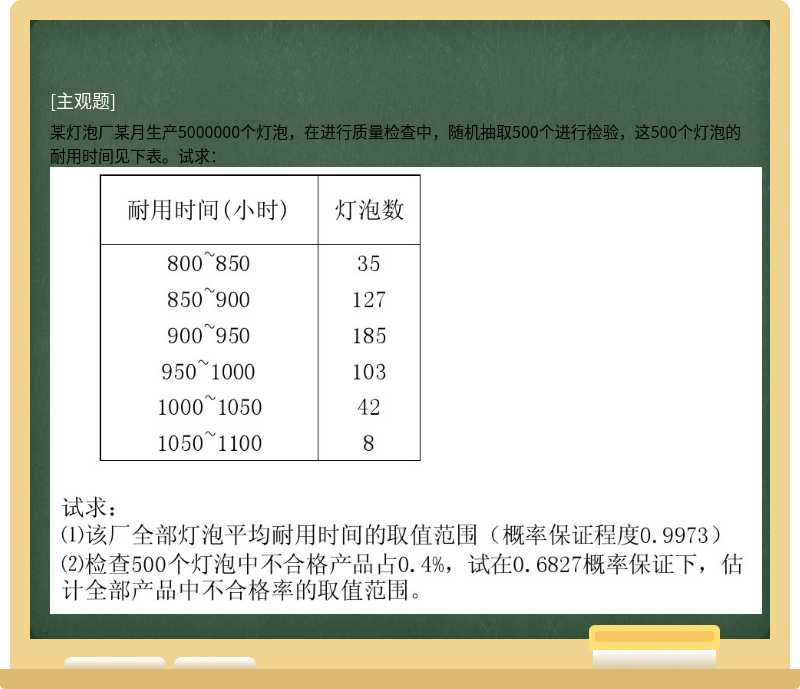 某灯泡厂某月生产5000000个灯泡，在进行质量检查中，随机抽取500个进行检验，这500个灯泡的耐用时间见下表。试