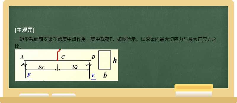 一矩形截面简支梁在跨度中点作用一集中载荷F，如图所示。试求梁内最大切应力与最大正应力之比。