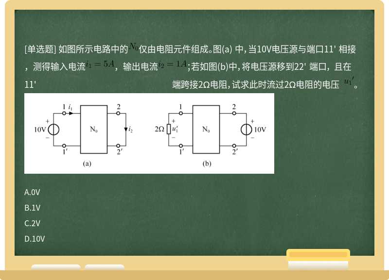 如图所示电路中的仅由电阻元件组成。图(a) 中，当10V电压源与端口11' 相接，测得输入电流，输出电流；若如图(b)中，将电压源移到22' 端口， 且在11' 端跨接2Ω电阻，试求此时流过2Ω电阻的电压。 