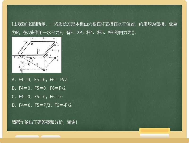 如图所示，一均质长方形木板由六根直杆支持在水平位置，约束均为铰接，板重为P，在A处作用一水平力F，