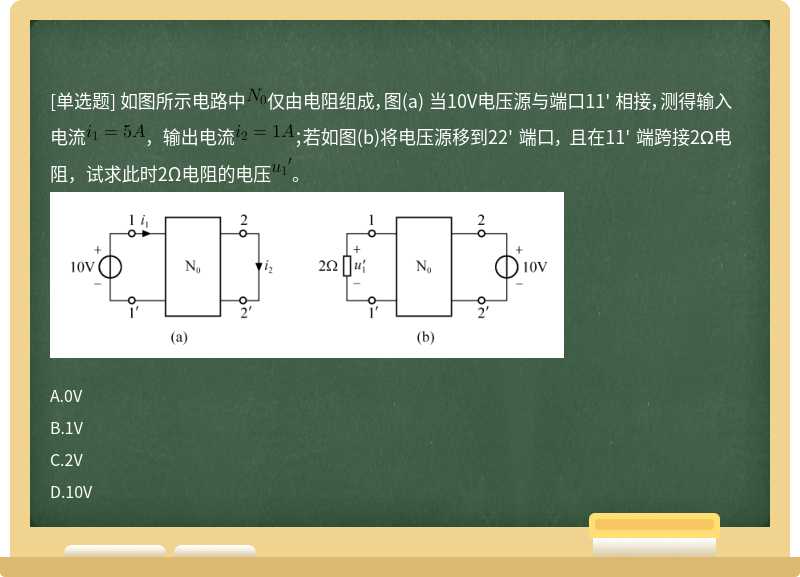 如图所示电路中仅由电阻组成，图(a) 当10V电压源与端口11' 相接，测得输入电流，输出电流；若如图(b)将电压源移到22' 端口， 且在11' 端跨接2Ω电阻，试求此时2Ω电阻的电压。 