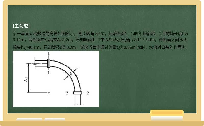 沿一垂直立墙敷设的弯管如图所示，弯头转角为90°，起始断面1—1与终止断面2—2间的轴长度L为3.14m，两断面中心高