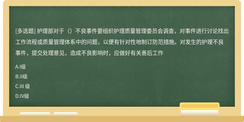 护理部对于（）不良事件要组织护理质量管理委员会调查，对事件进行讨论找出工作流程或质量管理体系中的问题，以便有针对性地制订防范措施。对发生的护理不良事件，提交处理意见，造成不良影响时，应做好有关善后工作