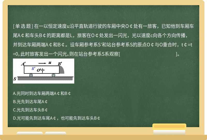 在一以恒定速度u沿平直轨道行驶的车厢中央O￠处有一旅客，已知他到车厢车尾A￠和车头B￠的距离都是L，旅客在O￠处发出一闪光，光以速度c向各个方向传播，并到达车厢两端A￠和B￠。设车厢参考系S′和站台参考系S的原点O￠与O重合时，t￠=t=0，此时旅客发出一个闪光。则在站台参考系S系观察[ ]。       