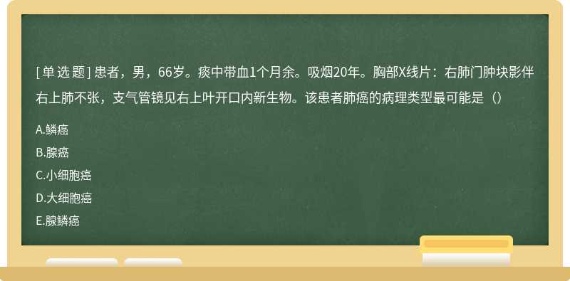 患者，男，66岁。痰中带血1个月余。吸烟20年。胸部X线片：右肺门肿块影伴右上肺不张，支气管镜见右上叶开口内新生物。该患者肺癌的病理类型最可能是（）