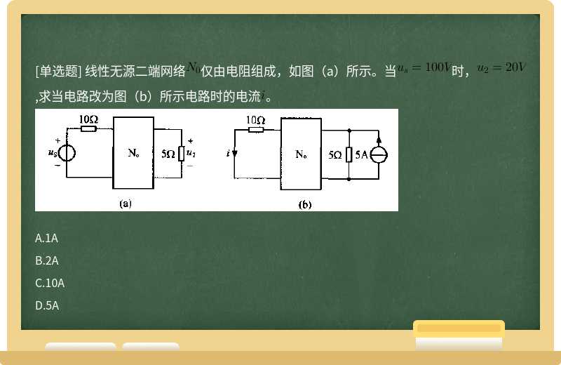 线性无源二端网络仅由电阻组成，如图（a）所示。当时，,求当电路改为图（b）所示电路时的电流。 
