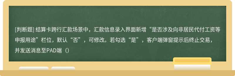 结算卡跨行汇款场景中，汇款信息录入界面新增“是否涉及向非居民代付工资等申报用途”栏位，默认“否”，可修改。若勾选“是”，客户端弹窗提示后终止交易，并发送消息至PAD端（）