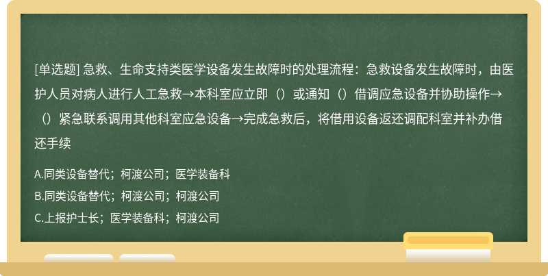 急救、生命支持类医学设备发生故障时的处理流程：急救设备发生故障时，由医护人员对病人进行人工急救→本科室应立即（）或通知（）借调应急设备并协助操作→（）紧急联系调用其他科室应急设备→完成急救后，将借用设备返还调配科室并补办借还手续