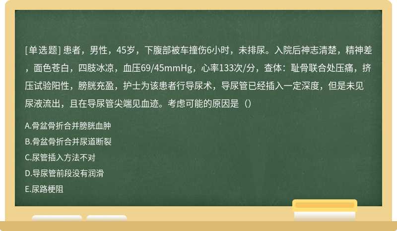 患者，男性，45岁，下腹部被车撞伤6小时，未排尿。入院后神志清楚，精神差，面色苍白，四肢冰凉，血压69/45mmHg，心率133次/分，查体：耻骨联合处压痛，挤压试验阳性，膀胱充盈，护士为该患者行导尿术，导尿管已经插入一定深度，但是未见尿液流出，且在导尿管尖端见血迹。考虑可能的原因是（）