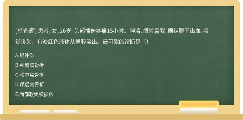 患者，女，26岁。头部撞伤疼痛15小时。 神清，眼睑青紫，眼结膜下出血，嗅觉丧失，有淡红色液体从鼻腔流出。最可能的诊断是（）