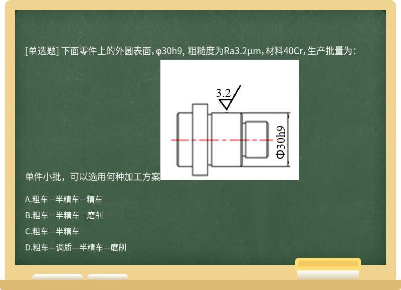 下面零件上的外圆表面，φ30h9, 粗糙度为Ra3.2µm，材料40Cr，生产批量为：单件小批，可以选用何种加工方案