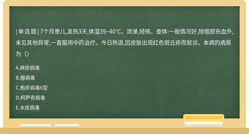 7个月患儿,发热3天,体温39~40℃。流涕,轻咳。查体:一般情况好,除咽部充血外,未见其他异常,一直服用中药治疗。今日热退,因皮肤出现红色斑丘疹而就诊。本病的病原为（）