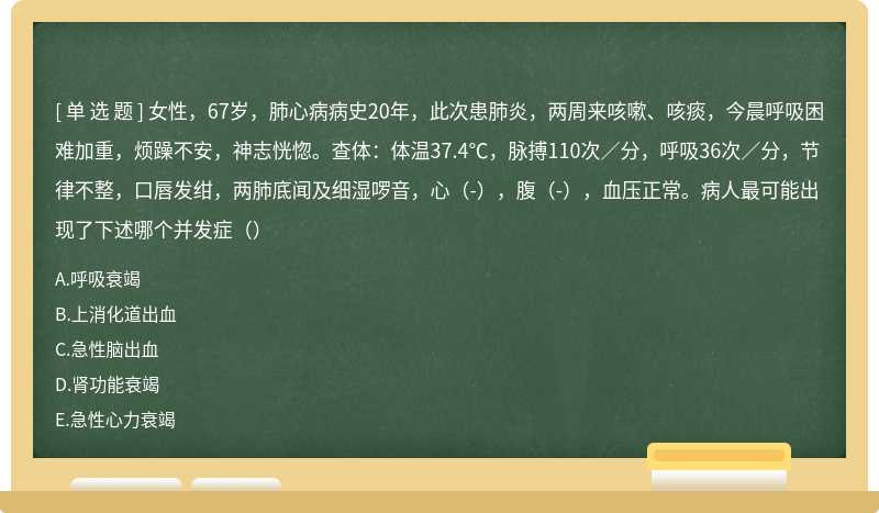 女性，67岁，肺心病病史20年，此次患肺炎，两周来咳嗽、咳痰，今晨呼吸困难加重，烦躁不安，神志恍惚。查体：体温37.4℃，脉搏110次／分，呼吸36次／分，节律不整，口唇发绀，两肺底闻及细湿啰音，心（-），腹（-），血压正常。病人最可能出现了下述哪个并发症（）