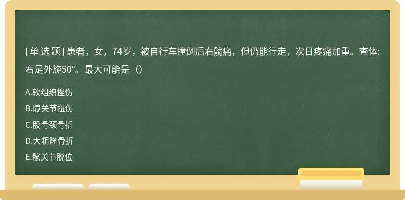 患者，女，74岁，被自行车撞倒后右髋痛，但仍能行走，次日疼痛加重。查体:右足外旋50°。最大可能是（）