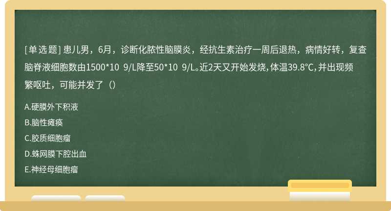 患儿男，6月，诊断化脓性脑膜炎，经抗生素治疗一周后退热，病情好转，复查脑脊液细胞数由1500*10 9/L降至50*10 9/L。近2天又开始发烧，体温39.8℃，并出现频繁呕吐，可能并发了（）