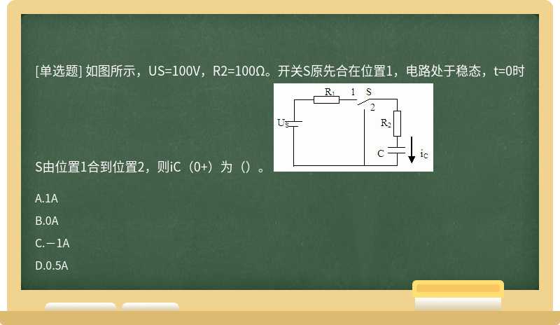 如图所示，US=100V，R2=100Ω。开关S原先合在位置1，电路处于稳态，t=0时S由位置1合到位置2，则iC（0+）为（）。 
