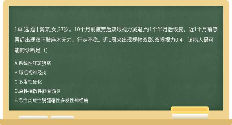 龚某,女,27岁。10个月前疲劳后双眼视力减退,约1个半月后恢复。近1个月前感冒后出现双下肢麻木无力、行走不稳。近1周来出现视物双影.双眼视力0.4。该病人最可能的诊断是（）