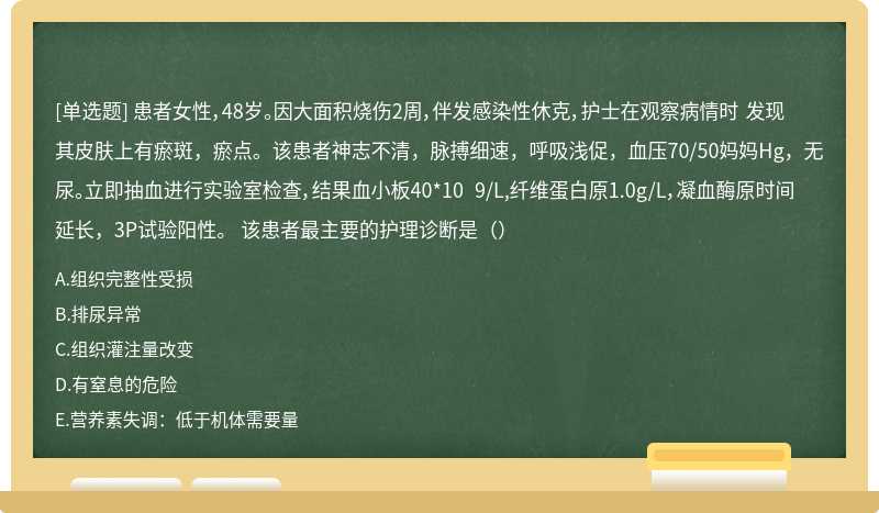 患者女性，48岁。因大面积烧伤2周，伴发感染性休克，护士在观察病情时 发现其皮肤上有瘀斑，瘀点。该患者神志不清，脉搏细速，呼吸浅促，血压70/50妈妈Hg，无尿。立即抽血进行实验室检查，结果血小板40*10 9/L,纤维蛋白原1.0g/L，凝血酶原时间延长，3P试验阳性。 该患者最主要的护理诊断是（）