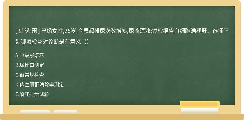 已婚女性,25岁,今晨起排尿次数增多,尿液浑浊;镜检报告白细胞满视野。选择下列哪项检查对诊断最有意义（）