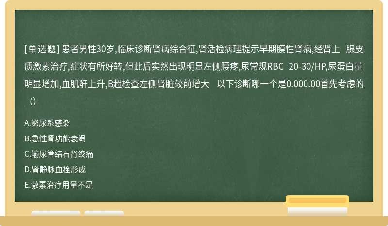 患者男性30岁,临床诊断肾病综合征,肾活检病理提示早期膜性肾病,经肾上 腺皮质激素治疗,症状有所好转,但此后实然出现明显左侧腰疼,尿常规RBC 20-30/HP,尿蛋白量明显增加,血肌酐上升,B超检查左侧肾脏较前增大 以下诊断哪一个是0.000.00首先考虑的（）