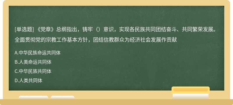 《党章》总纲指出，铸牢（）意识，实现各民族共同团结奋斗、共同繁荣发展。全面贯彻党的宗教工作基本方针，团结信教群众为经济社会发展作贡献