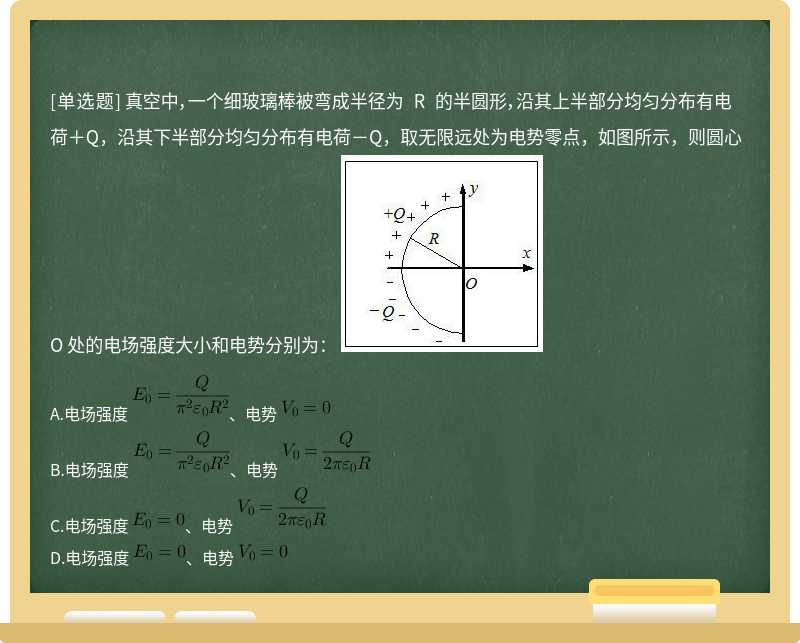 真空中，一个细玻璃棒被弯成半径为 R 的半圆形，沿其上半部分均匀分布有电荷＋Q，沿其下半部分均匀分布有电荷－Q，取无限远处为电势零点，如图所示，则圆心O 处的电场强度大小和电势分别为： 