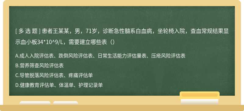 患者王某某，男，71岁，诊断急性髓系白血病，坐轮椅入院，查血常规结果显示血小板34*10^9/L，需要建立哪些表（）