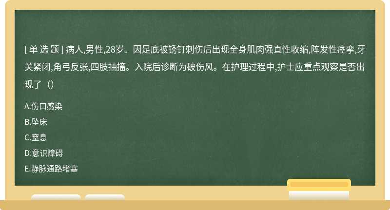 病人,男性,28岁。因足底被锈钉刺伤后出现全身肌肉强直性收缩,阵发性痉挛,牙关紧闭,角弓反张,四肢抽搐。入院后诊断为破伤风。在护理过程中,护士应重点观察是否出现了（）