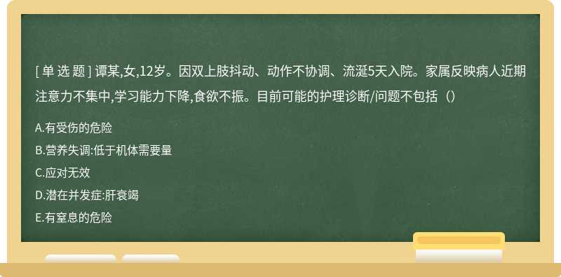 谭某,女,12岁。因双上肢抖动、动作不协调、流涎5天入院。家属反映病人近期注意力不集中,学习能力下降,食欲不振。目前可能的护理诊断/问题不包括（）