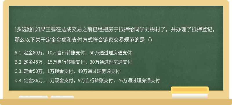 如果王鹏在达成交易之前已经把房子抵押给同学刘树村了，并办理了抵押登记，那么以下关于定金金额和支付方式符合链家交易规范的是（）