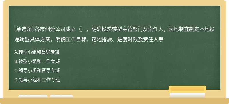 各市州分公司成立（），明确投递转型主管部门及责任人，因地制宜制定本地投递转型具体方案，明确工作目标、落地措施、进度时限及责任人等