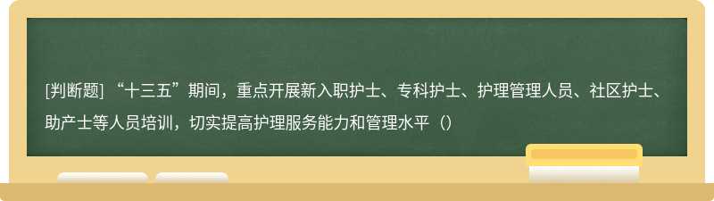 “十三五”期间，重点开展新入职护士、专科护士、护理管理人员、社区护士、助产士等人员培训，切实提高护理服务能力和管理水平（）