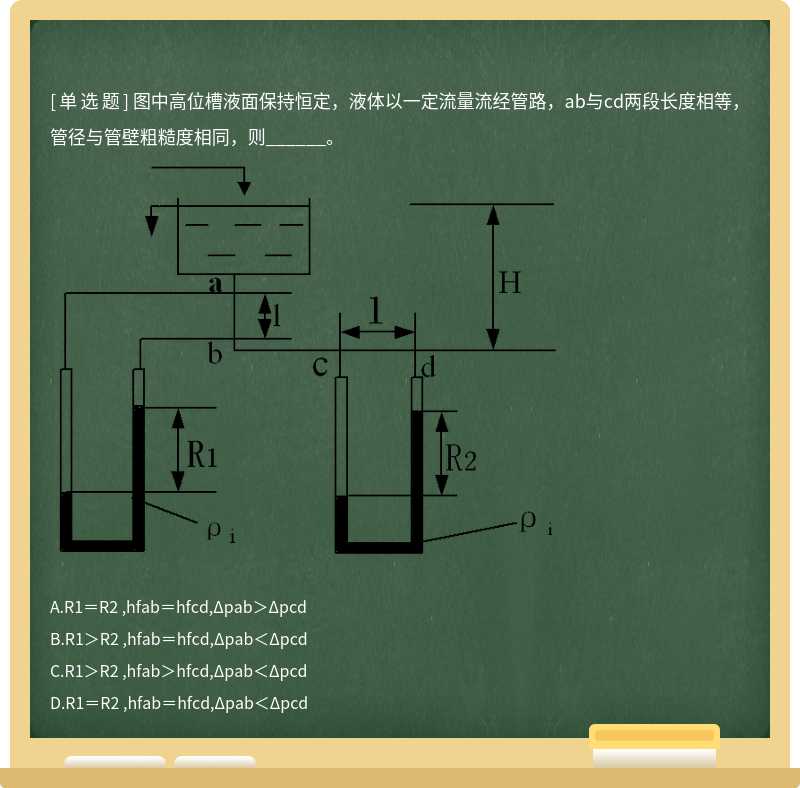 图中高位槽液面保持恒定，液体以一定流量流经管路，ab与cd两段长度相等，管径与管壁粗糙度相同，则______。 