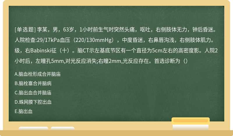 李某，男，63岁，1小时前生气时突然头痛，呕吐，右侧肢体无力，钟后昏迷。人院检查:29/17kPa血压（220/130mmHg），中度昏迷，右鼻唇沟浅，右侧肢体肌力。级，右Babinski征（十）。脑CT示左基底节区有一个直径为5cm左右的高密度影。人院2小时后，左瞳孔5mm,对光反应消失;右瞳2mm,光反应存在。首选诊断为（）