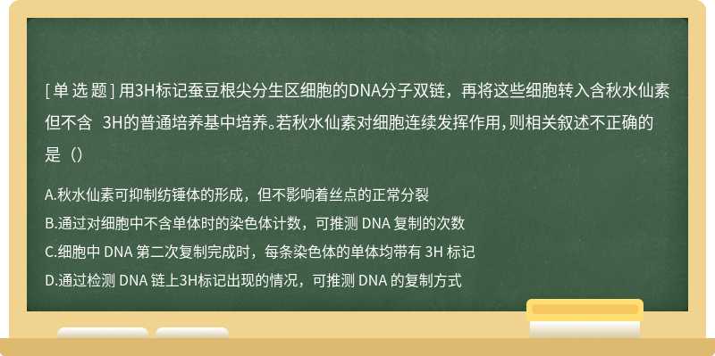 用3H标记蚕豆根尖分生区细胞的DNA分子双链，再将这些细胞转入含秋水仙素但不含 3H的普通培养基中培养。若秋水仙素对细胞连续发挥作用，则相关叙述不正确的是（）