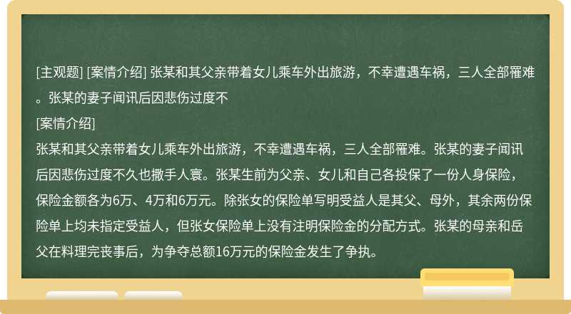 [案情介绍]   张某和其父亲带着女儿乘车外出旅游，不幸遭遇车祸，三人全部罹难。张某的妻子闻讯后因悲伤过度不