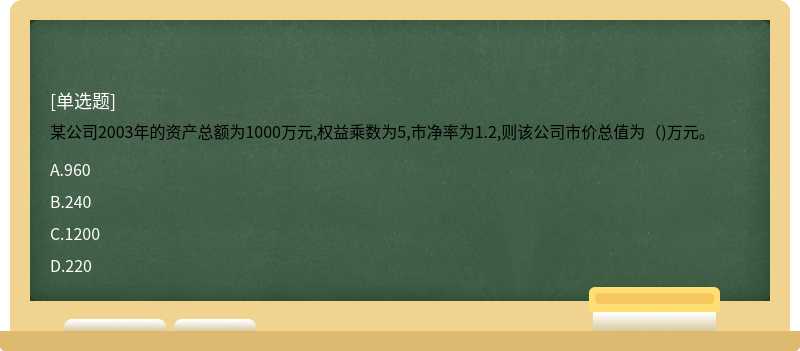 某公司2003年的资产总额为1000万元,权益乘数为5,市净率为1.2,则该公司市价总值为（)万元。