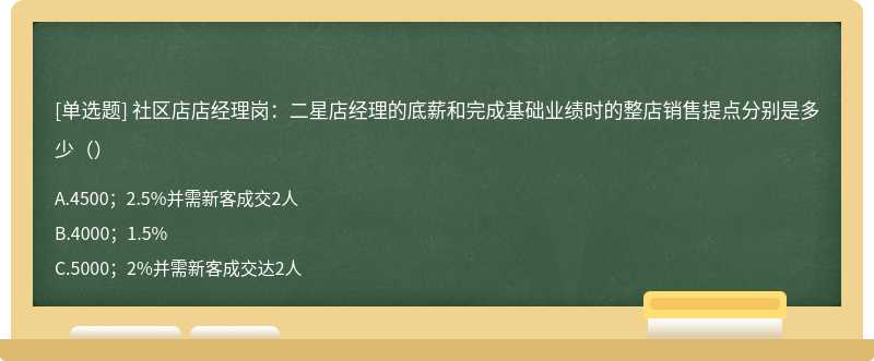 社区店店经理岗：二星店经理的底薪和完成基础业绩时的整店销售提点分别是多少（）