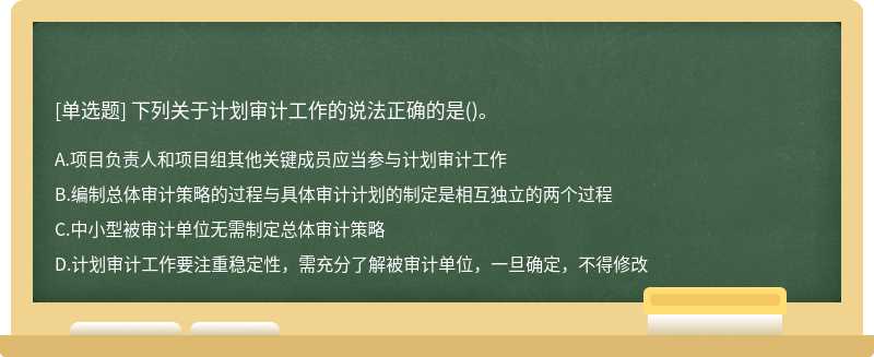 下列关于计划审计工作的说法正确的是（)。A．项目负责人和项目组其他关键成员应当参与计划审计工作B