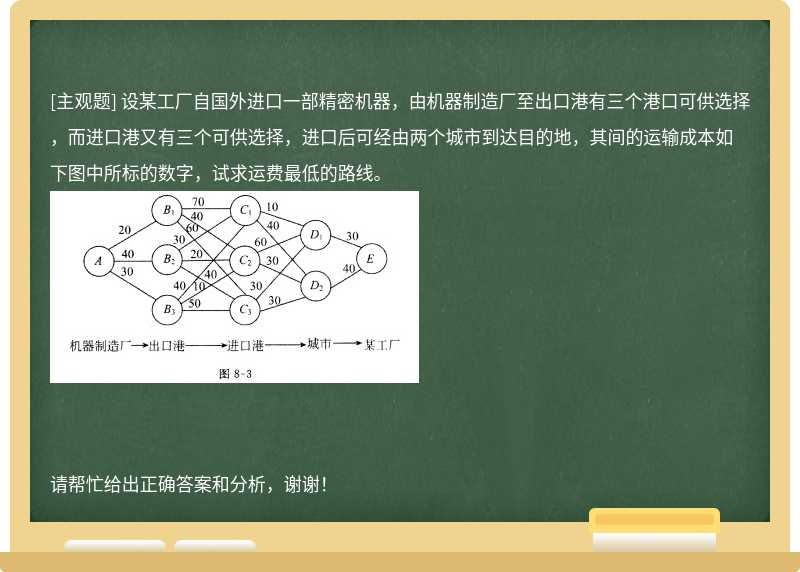 设某工厂自国外进口一部精密机器，由机器制造厂至出口港有三个港口可供选择，而进口港又有三个可供