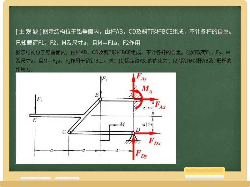 图示结构位于铅垂面内，由杆AB，CD及斜T形杆BCE组成，不计各杆的自重。已知载荷F1，F2，M及尺寸a，且M＝F1a，F2作用