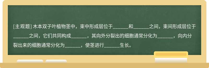 木本双子叶植物茎中，束中形成层位于______和______之间，束间形成层位于______之间，它们共同构成______，其向