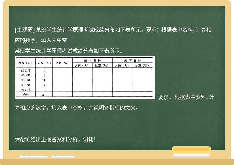 某班学生统计学原理考试成绩分布如下表所示。 要求： 根据表中资料，计算相应的数字，填入表中空