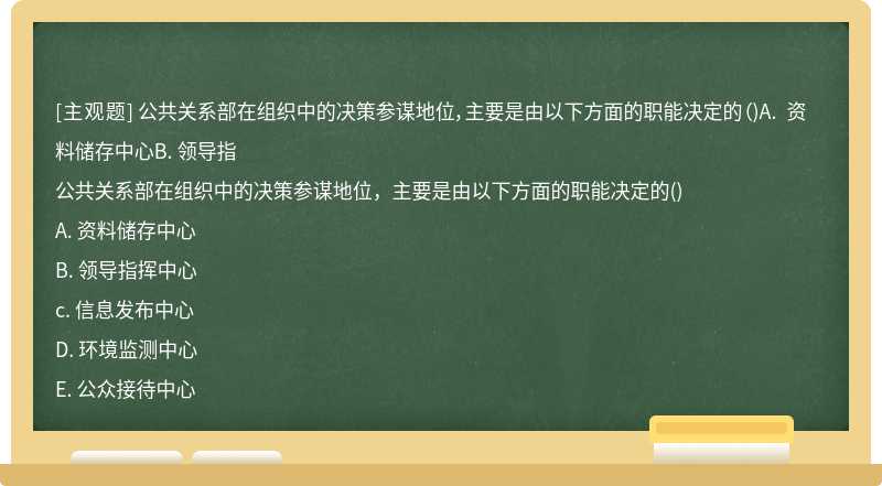 公共关系部在组织中的决策参谋地位，主要是由以下方面的职能决定的（)A. 资料储存中心B. 领导指